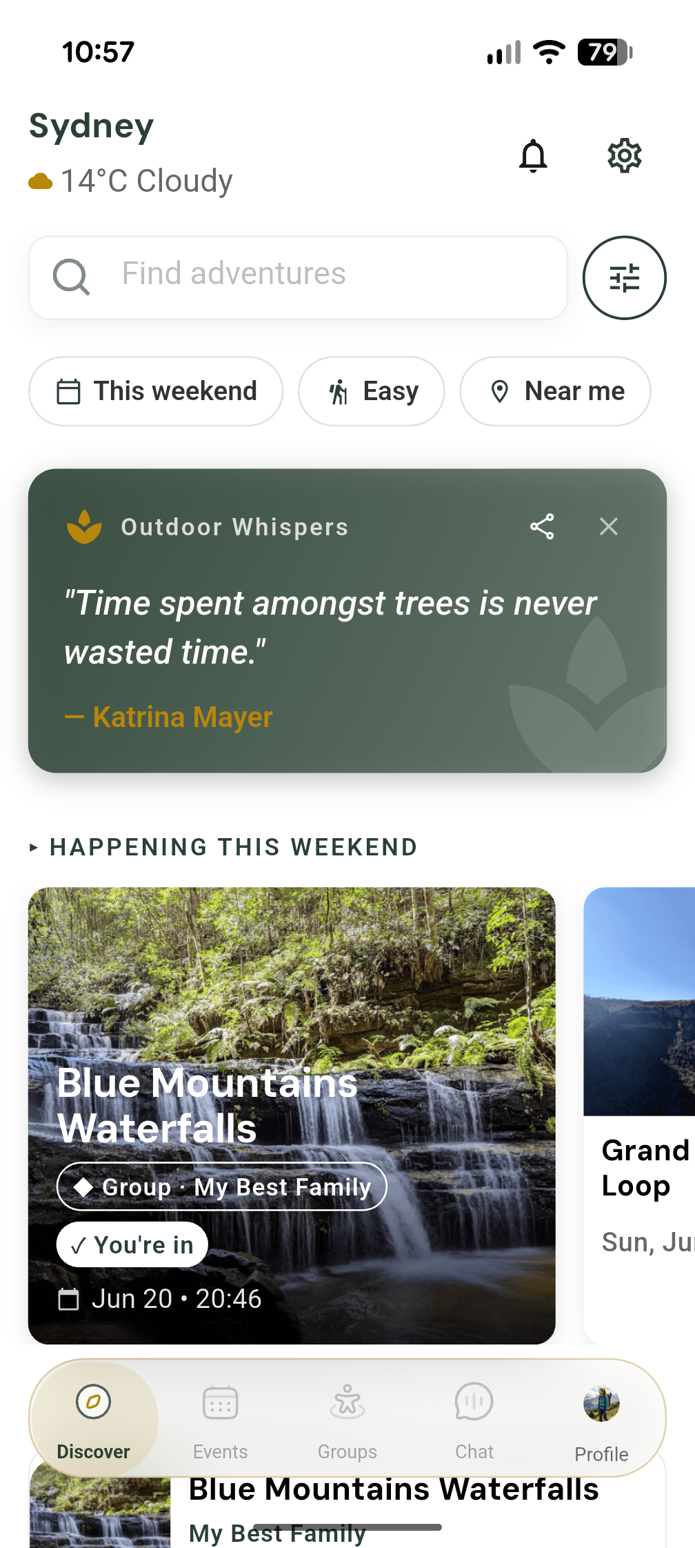 TrekMeet Discover screen — trails, events, and groups near you
