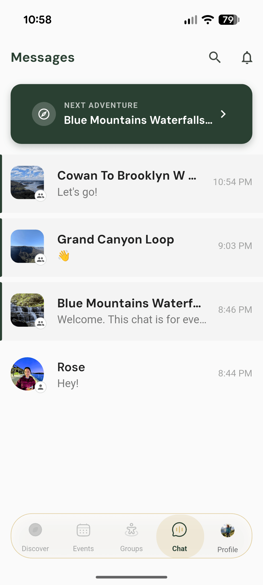 TrekMeet Messages — in-app chat with your group