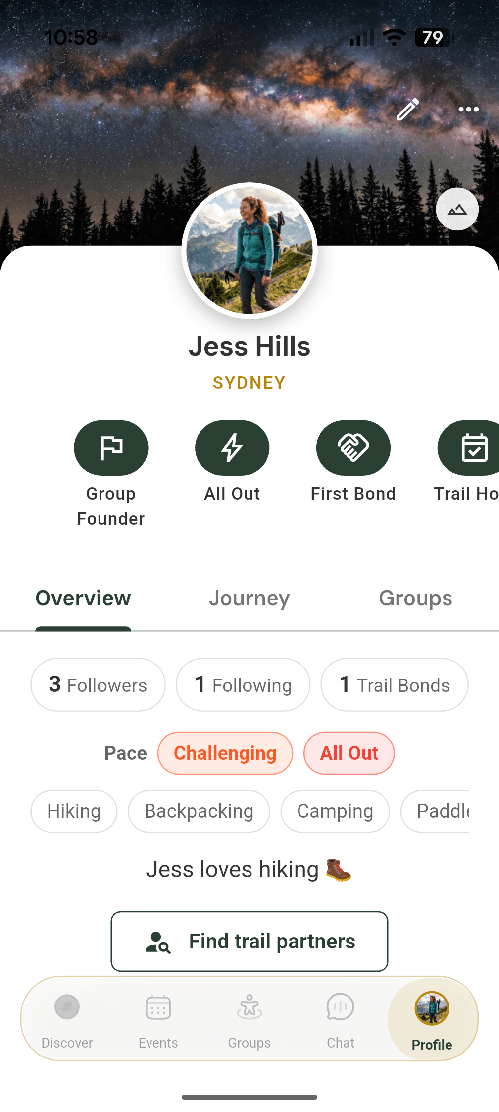 TrekMeet profile — your hikes, Trail Bonds, and badges