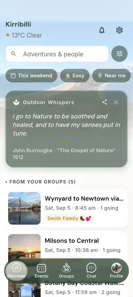 TrekMeet Discover — nearby events, Outdoor Whispers, and the trail library
