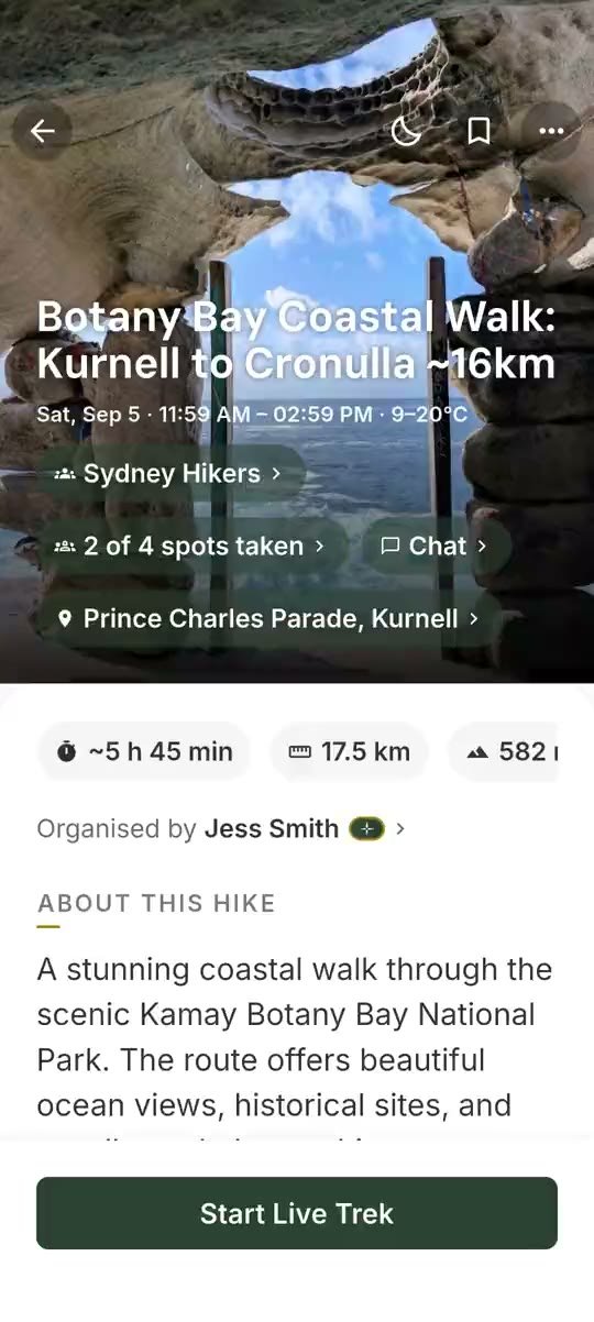 A TrekMeet event — trail forecast, route, and offline save