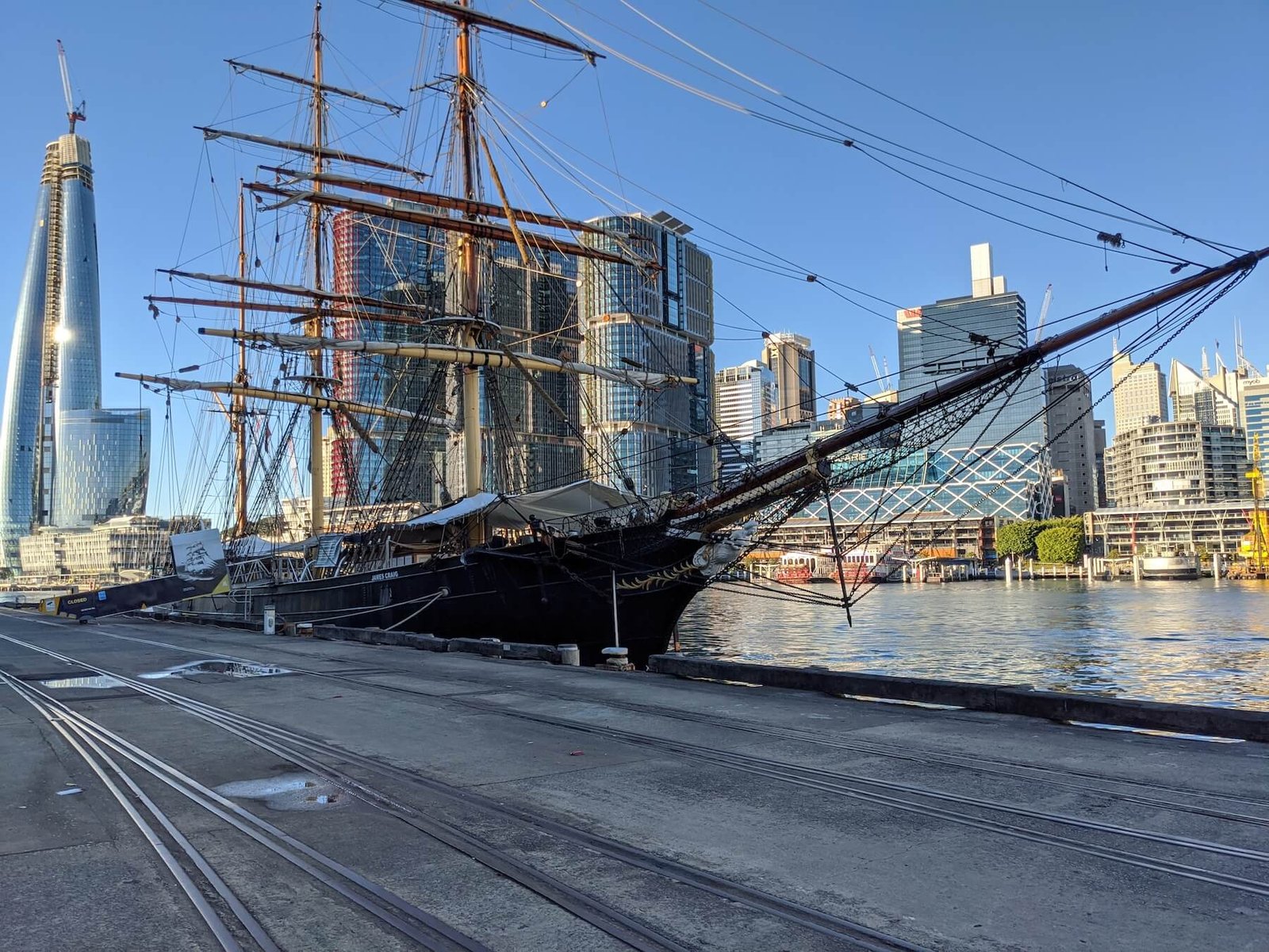 A tall ship moored at Pyrmont beside Darling Harbour